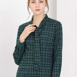 Allegra K Women's Plaid Tie Neck Button Down Long Sleeves Shirt Blouse 27 Allegra K Women's Plaid Tie Neck Button Down Long Sleeves Shirt Blouse