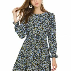 Allegra K Women's Floral Ruffle Long Sleeves Round Neck Belt Autumn Dress 24 Allegra K Women's Floral Ruffle Long Sleeves Round Neck Belt Autumn Dress