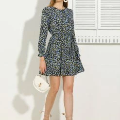 Allegra K Women's Floral Ruffle Long Sleeves Round Neck Belt Autumn Dress 25 Allegra K Women's Floral Ruffle Long Sleeves Round Neck Belt Autumn Dress