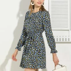 Allegra K Women's Floral Ruffle Long Sleeves Round Neck Belt Autumn Dress 26 Allegra K Women's Floral Ruffle Long Sleeves Round Neck Belt Autumn Dress