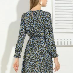 Allegra K Women's Floral Ruffle Long Sleeves Round Neck Belt Autumn Dress 27 Allegra K Women's Floral Ruffle Long Sleeves Round Neck Belt Autumn Dress