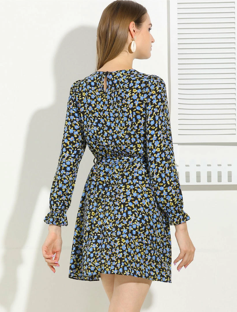 Allegra K Women's Floral Ruffle Long Sleeves Round Neck Belt Autumn Dress 14 Allegra K Women's Floral Ruffle Long Sleeves Round Neck Belt Autumn Dress
