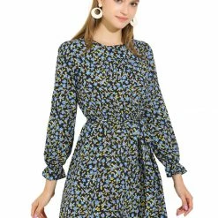 Allegra K Women's Floral Ruffle Long Sleeves Round Neck Belt Autumn Dress 23 Allegra K Women's Floral Ruffle Long Sleeves Round Neck Belt Autumn Dress