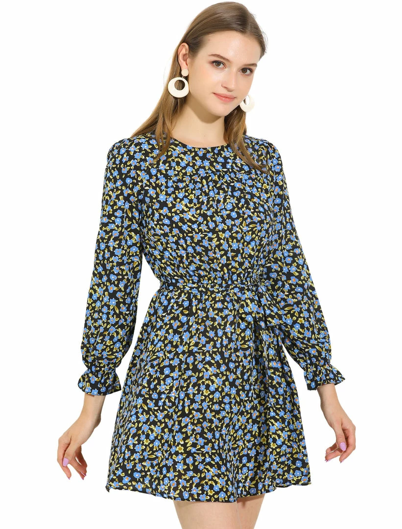 Allegra K Women's Floral Ruffle Long Sleeves Round Neck Belt Autumn Dress 10 Allegra K Women's Floral Ruffle Long Sleeves Round Neck Belt Autumn Dress