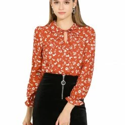 Allegra K Women's Floral Tie V Neck Turn Down Collar Blouse Shirt