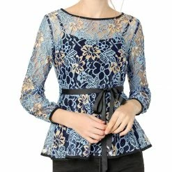 Allegra K Self-Tie Waist Bi-Color Contrast Lace Peplum Top