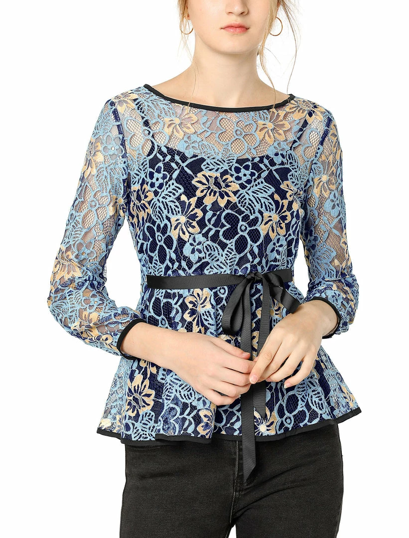 Allegra K Self-Tie Waist Bi-Color Contrast Lace Peplum Top 4 Allegra K Self-Tie Waist Bi-Color Contrast Lace Peplum Top