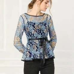 Allegra K Self-Tie Waist Bi-Color Contrast Lace Peplum Top 77 Allegra K Self-Tie Waist Bi-Color Contrast Lace Peplum Top