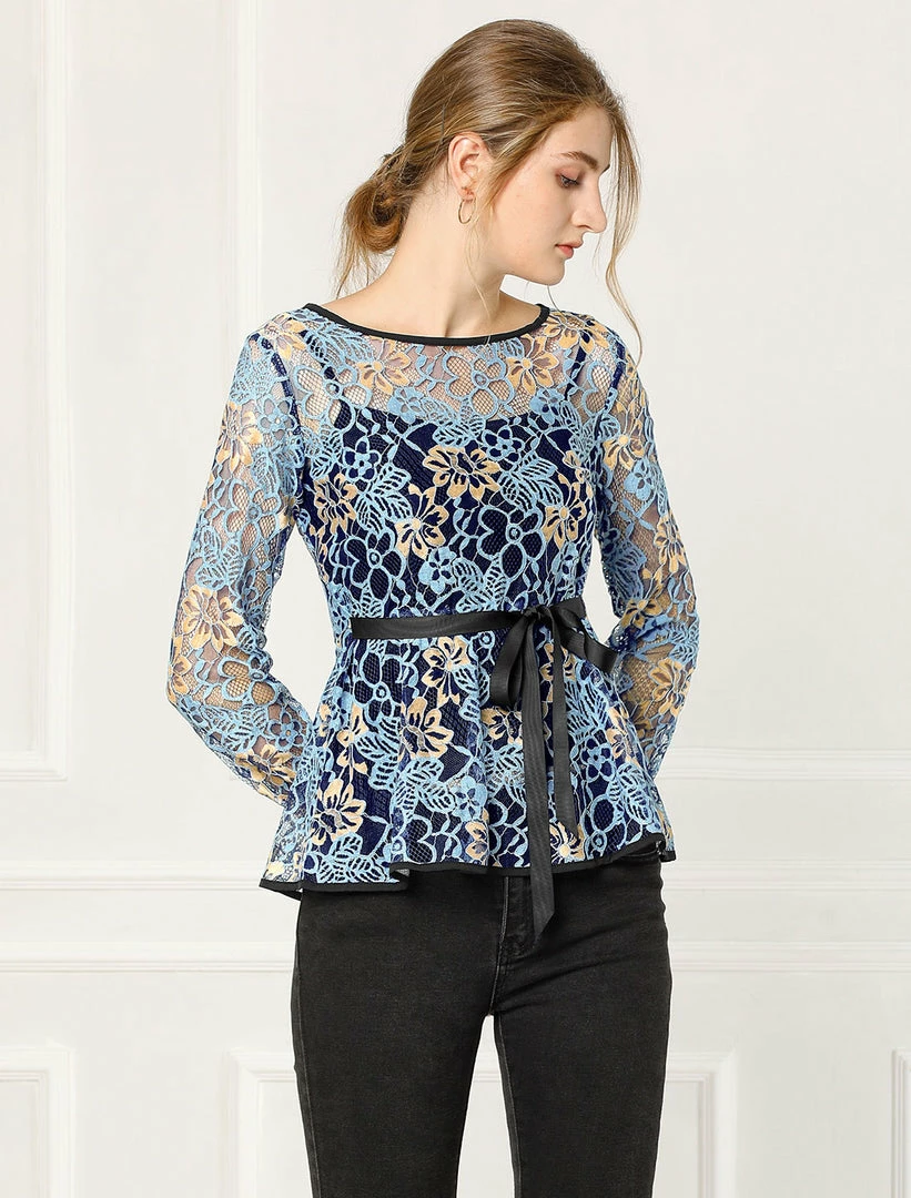 Allegra K Self-Tie Waist Bi-Color Contrast Lace Peplum Top 5 Allegra K Self-Tie Waist Bi-Color Contrast Lace Peplum Top