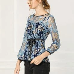 Allegra K Self-Tie Waist Bi-Color Contrast Lace Peplum Top 78 Allegra K Self-Tie Waist Bi-Color Contrast Lace Peplum Top