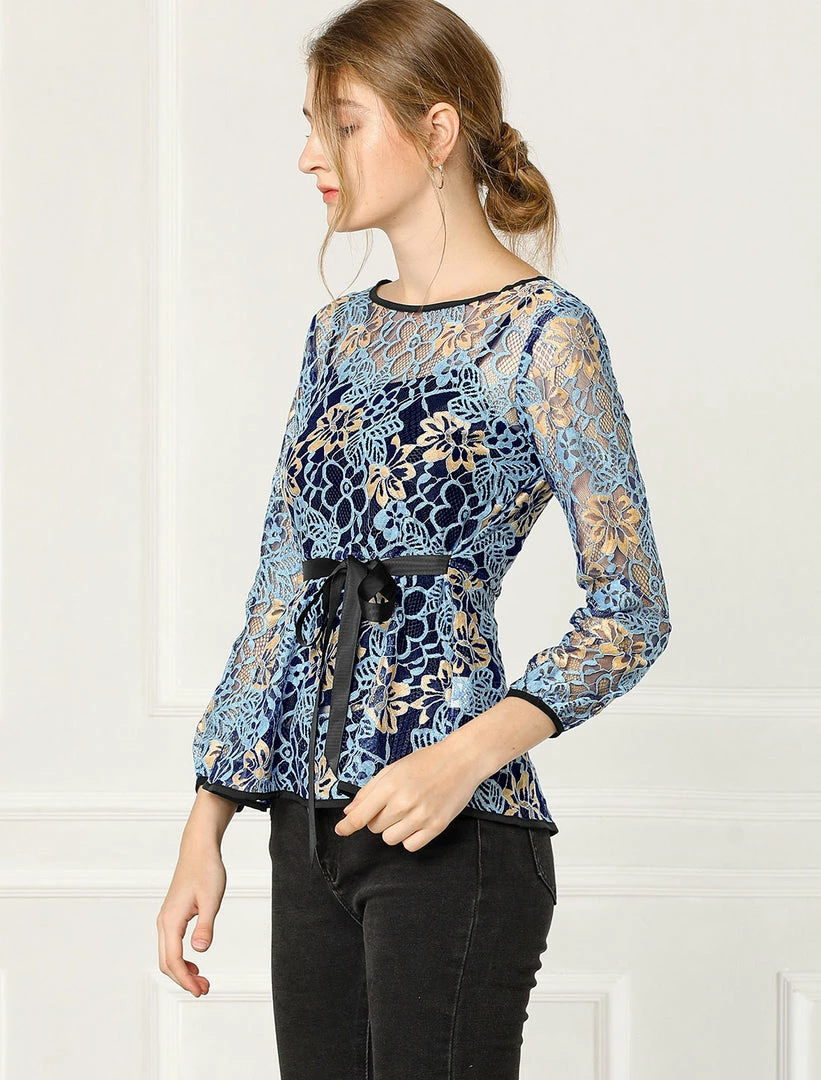 Allegra K Self-Tie Waist Bi-Color Contrast Lace Peplum Top 6 Allegra K Self-Tie Waist Bi-Color Contrast Lace Peplum Top