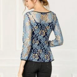 Allegra K Self-Tie Waist Bi-Color Contrast Lace Peplum Top 79 Allegra K Self-Tie Waist Bi-Color Contrast Lace Peplum Top