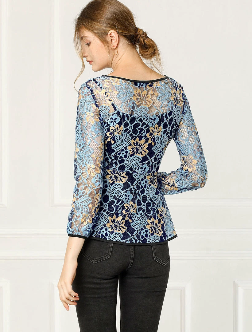 Allegra K Self-Tie Waist Bi-Color Contrast Lace Peplum Top 7 Allegra K Self-Tie Waist Bi-Color Contrast Lace Peplum Top