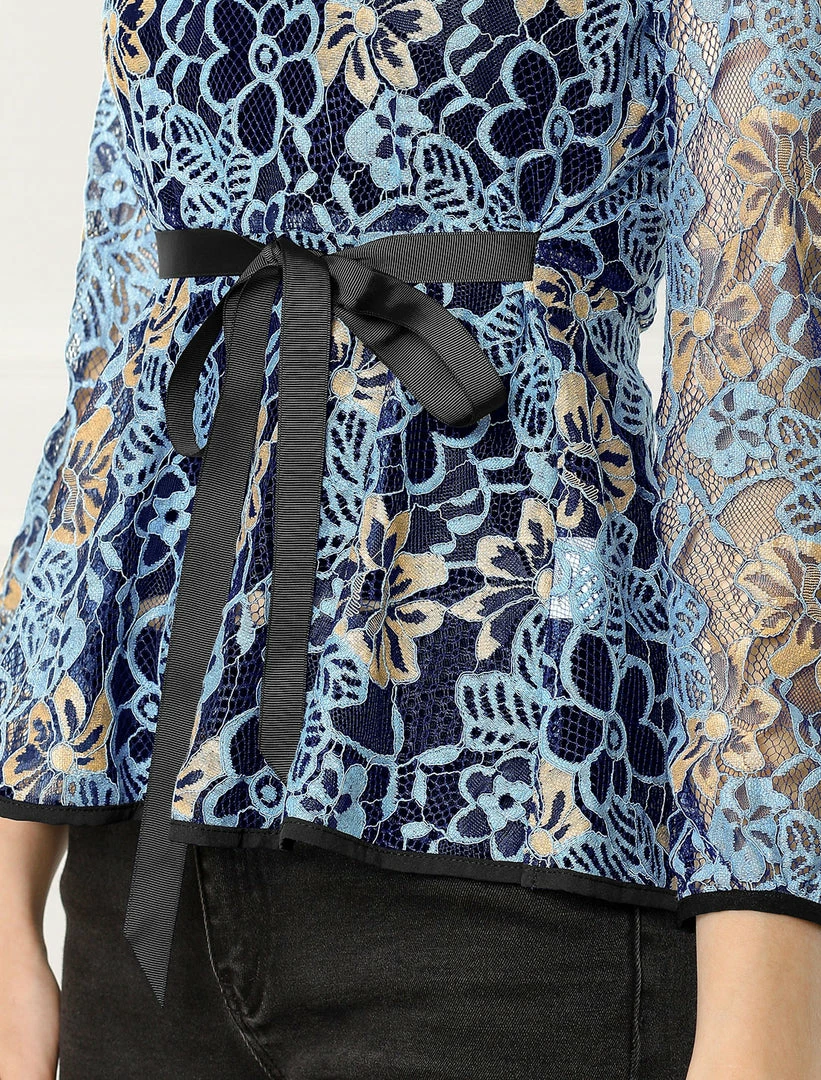 Allegra K Self-Tie Waist Bi-Color Contrast Lace Peplum Top 8 Allegra K Self-Tie Waist Bi-Color Contrast Lace Peplum Top