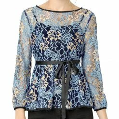 Allegra K Self-Tie Waist Bi-Color Contrast Lace Peplum Top