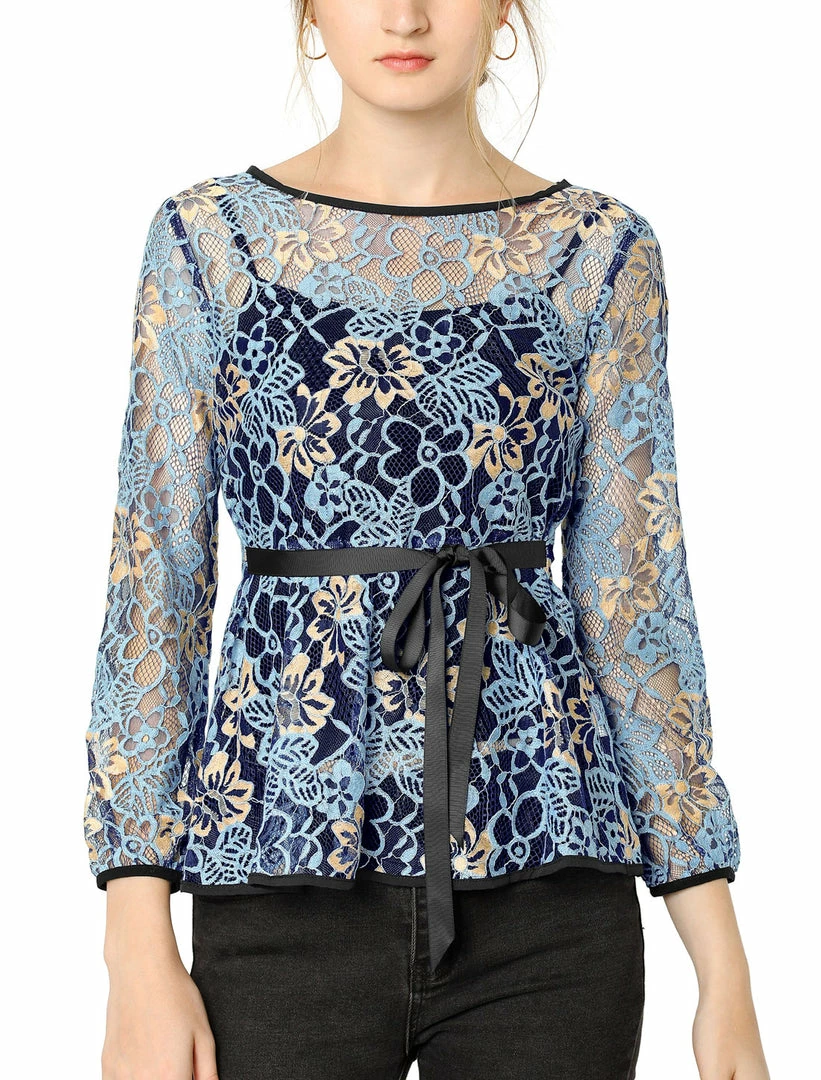 Allegra K Self-Tie Waist Bi-Color Contrast Lace Peplum Top 3 Allegra K Self-Tie Waist Bi-Color Contrast Lace Peplum Top