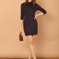 Allegra K Women's Vintage Stand Collar 3/4 Sleeve Plaid Dress