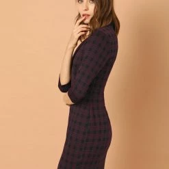 Allegra K Women's Vintage Stand Collar 3/4 Sleeve Plaid Dress