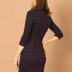 Allegra K Women's Vintage Stand Collar 3/4 Sleeve Plaid Dress