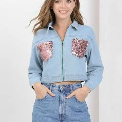 Allegra K Women's Casual Sequin Shiny Sparkle Drop Long Sleeves Zipper Crop Denim Jacket