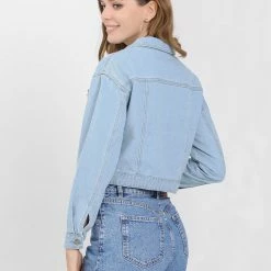 Allegra K Women's Casual Sequin Shiny Sparkle Drop Long Sleeves Zipper Crop Denim Jacket