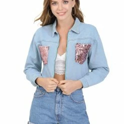 Allegra K Women's Casual Sequin Shiny Sparkle Drop Long Sleeves Zipper Crop Denim Jacket