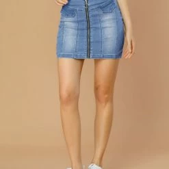 Allegra K Women's Denim Skirts Zip Front Slim Fit High Waist Mini Jean Skirt
