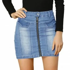 Allegra K Women's Denim Skirts Zip Front Slim Fit High Waist Mini Jean Skirt