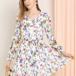 Allegra K Women's Ruffle Hem V Neck Long Sleeve A-line Floral Dress With Belt