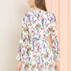 Allegra K Women's Ruffle Hem V Neck Long Sleeve A-line Floral Dress With Belt