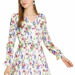 Allegra K Women's Ruffle Hem V Neck Long Sleeve A-line Floral Dress With Belt