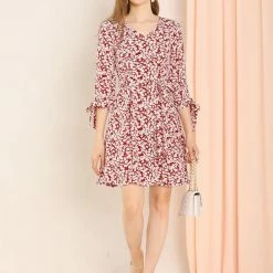 Allegra K Women's Floral Printed Bow Tie V Neck 3/4 Sleeve Above Knee Elegant Dress 24 Allegra K Women's Floral Printed Bow Tie V Neck 3/4 Sleeve Above Knee Elegant Dress