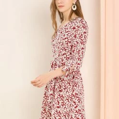 Allegra K Women's Floral Printed Bow Tie V Neck 3/4 Sleeve Above Knee Elegant Dress 25 Allegra K Women's Floral Printed Bow Tie V Neck 3/4 Sleeve Above Knee Elegant Dress