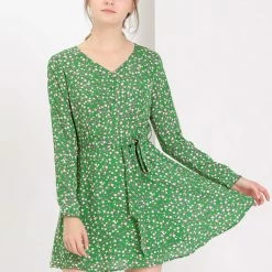 Allegra K Women's Floral Print V Neck Casual A-Line Dress With Belt