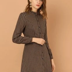 Allegra K Women's Vintage Check Ruffle Neck Button Down Long Sleeve A-Line Dress 18 Allegra K Women's Vintage Check Ruffle Neck Button Down Long Sleeve A-Line Dress