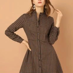 Allegra K Women's Vintage Check Ruffle Neck Button Down Long Sleeve A-Line Dress 19 Allegra K Women's Vintage Check Ruffle Neck Button Down Long Sleeve A-Line Dress