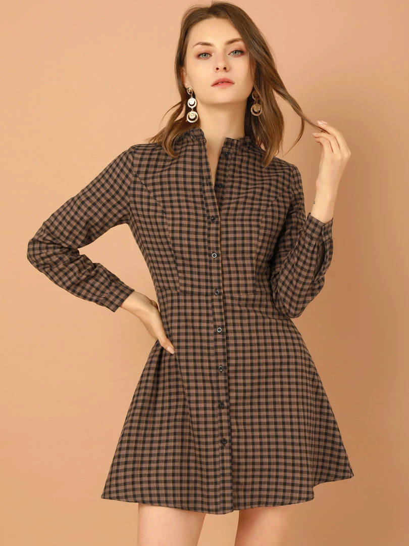 Allegra K Women's Vintage Check Ruffle Neck Button Down Long Sleeve A-Line Dress 6 Allegra K Women's Vintage Check Ruffle Neck Button Down Long Sleeve A-Line Dress