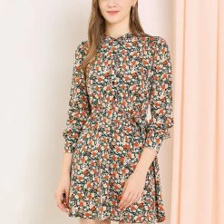 Allegra K Women's Button Half Placket Long Sleeve Mini Fit And Flare Floral Dress 24 Allegra K Women's Button Half Placket Long Sleeve Mini Fit And Flare Floral Dress