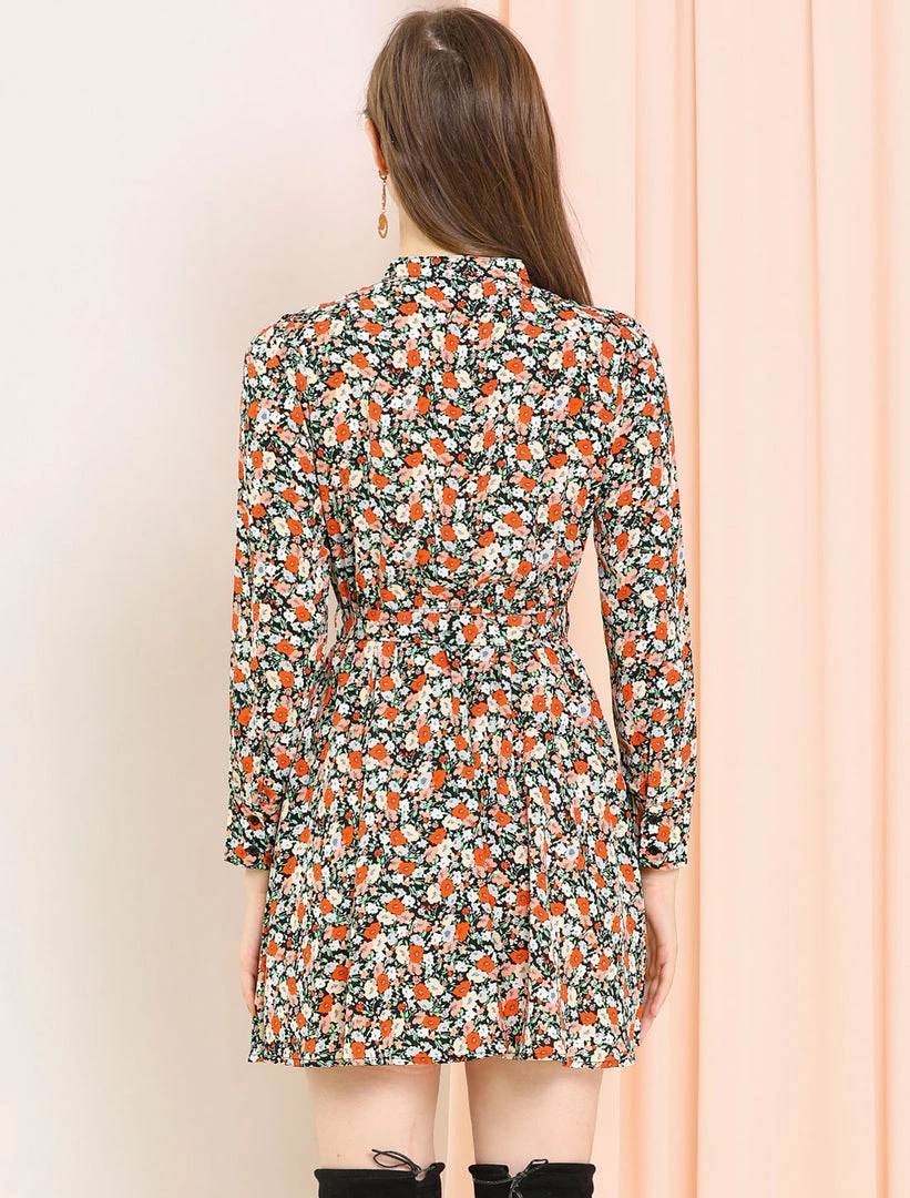 Allegra K Women's Button Half Placket Long Sleeve Mini Fit And Flare Floral Dress 14 Allegra K Women's Button Half Placket Long Sleeve Mini Fit And Flare Floral Dress