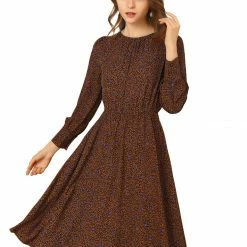 Allegra K Women's Puff Sleeve Dress Fit And Flare Round Neck Floral Dresses