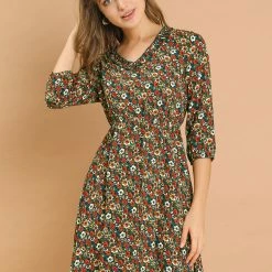 Allegra K Women's Vintage Floral Ruffle V Neck 3/4 Sleeves Dress