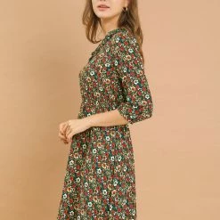 Allegra K Women's Vintage Floral Ruffle V Neck 3/4 Sleeves Dress