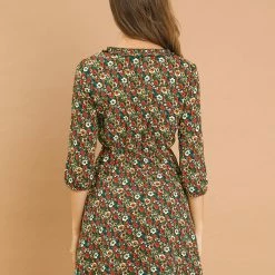 Allegra K Women's Vintage Floral Ruffle V Neck 3/4 Sleeves Dress