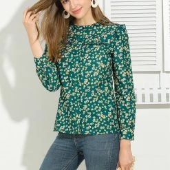 Allegra K Boho Daisy Floral Ruffled Neck Long Sleeve Tops Blouses