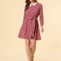 Allegra K Women's Peter Pan Collar Lace Trim Button Long Sleeves Floral Shirt Dress With Belt 48 Allegra K Women's Peter Pan Collar Lace Trim Button Long Sleeves Floral Shirt Dress With Belt