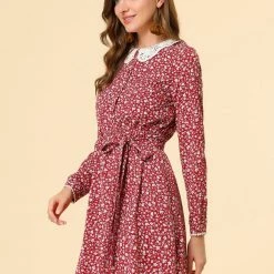 Allegra K Women's Peter Pan Collar Lace Trim Button Long Sleeves Floral Shirt Dress With Belt 49 Allegra K Women's Peter Pan Collar Lace Trim Button Long Sleeves Floral Shirt Dress With Belt