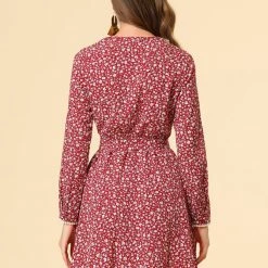 Allegra K Women's Peter Pan Collar Lace Trim Button Long Sleeves Floral Shirt Dress With Belt 50 Allegra K Women's Peter Pan Collar Lace Trim Button Long Sleeves Floral Shirt Dress With Belt