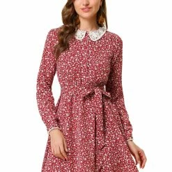 Allegra K Women's Peter Pan Collar Lace Trim Button Long Sleeves Floral Shirt Dress With Belt 46 Allegra K Women's Peter Pan Collar Lace Trim Button Long Sleeves Floral Shirt Dress With Belt