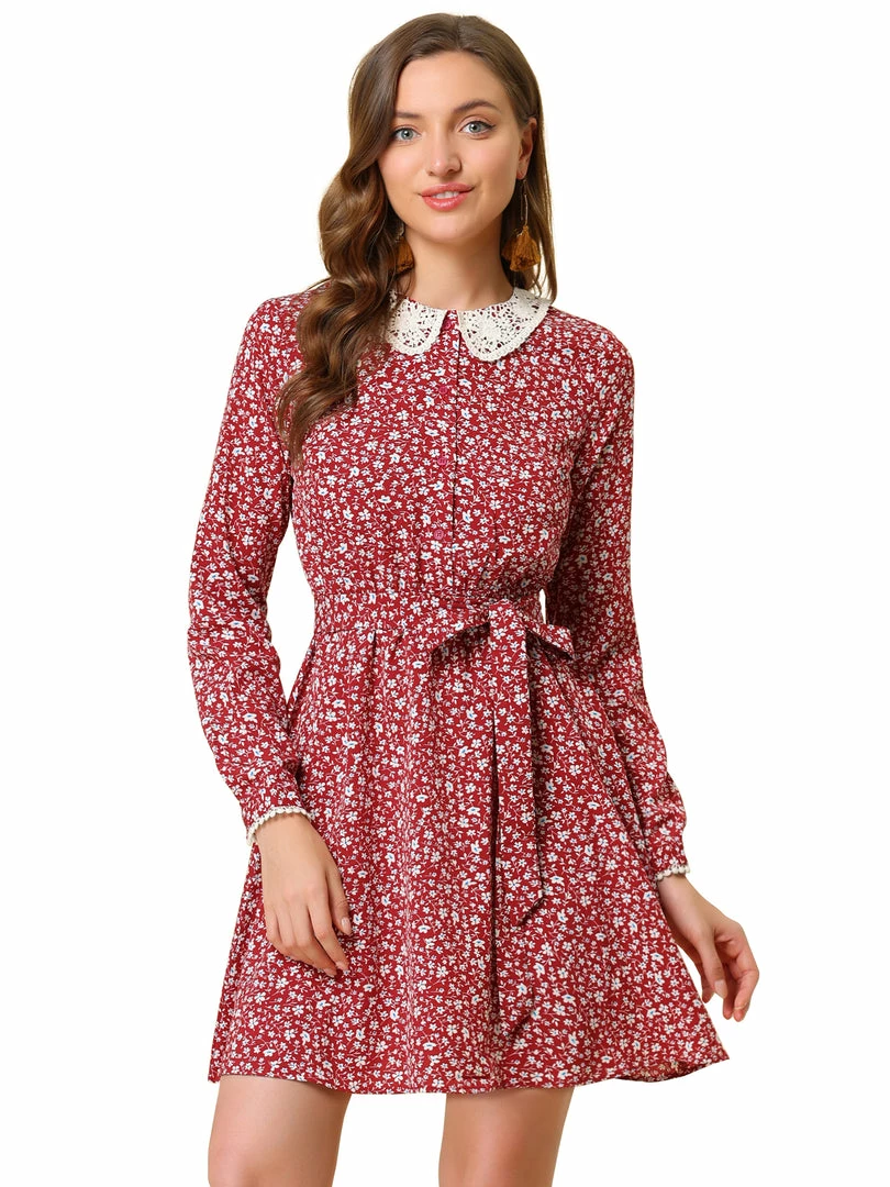 Allegra K Women's Peter Pan Collar Lace Trim Button Long Sleeves Floral Shirt Dress With Belt 16 Allegra K Women's Peter Pan Collar Lace Trim Button Long Sleeves Floral Shirt Dress With Belt