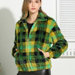 Allegra K Women's Winter Zip Pocket Plaid Teddy Jacket Oversize Faux Fur Fluffy Short Coat